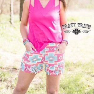 Pink aztec fringe shorts